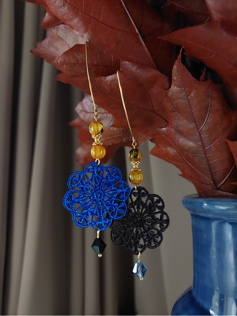 Black Denim Crystal Drop Earrings