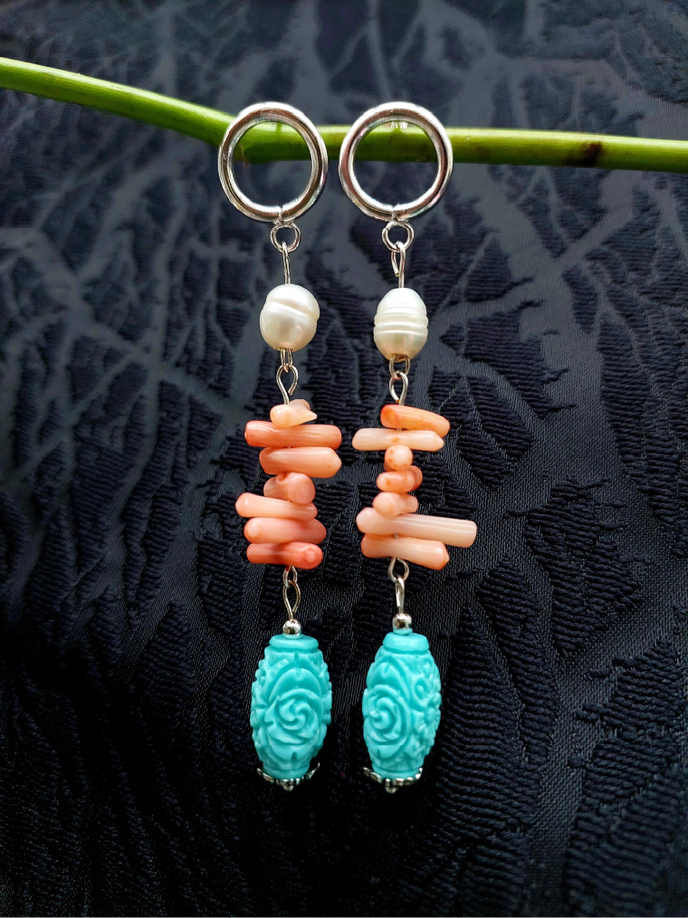 Freshwater Pearl & Coral Drop Earrings