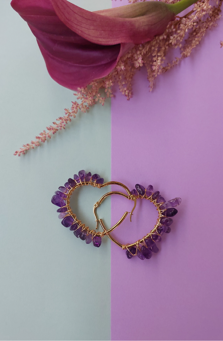 Natural Amethyst Wire Wrapped Heart Hoops