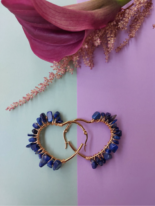 Natural Lapis Lazuli Wire Wrapped Heart Hoops