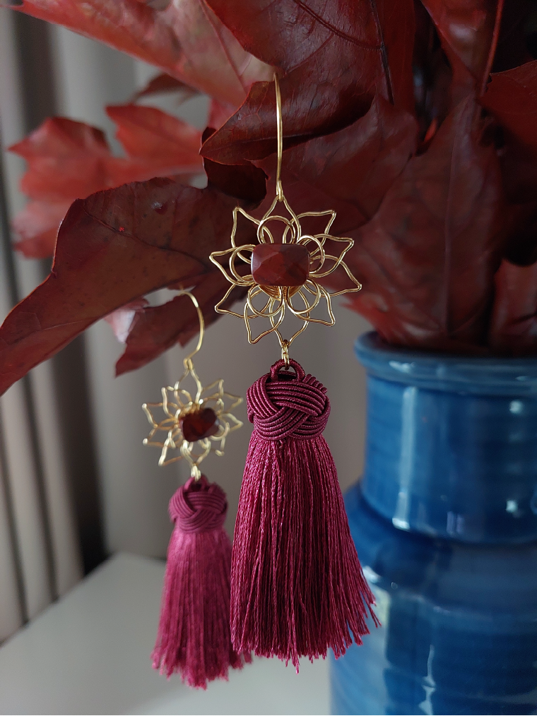 Natural Red Jasper Flower Tassel Earrings