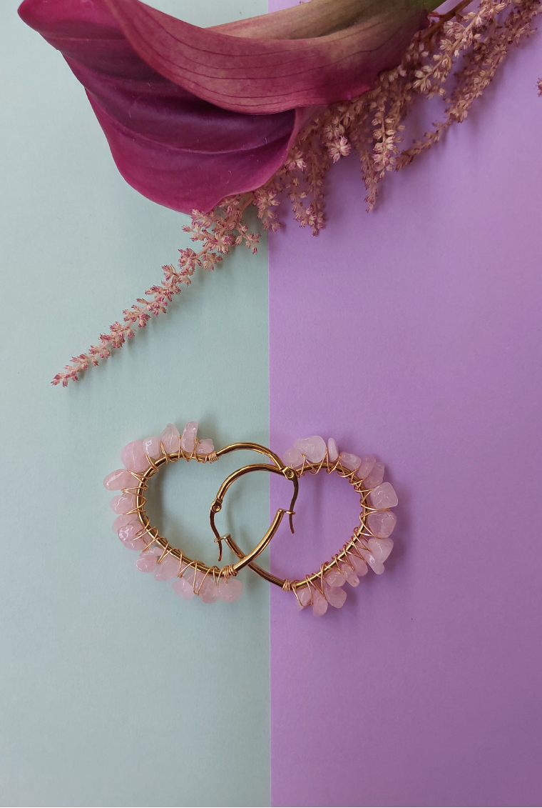 Natural Rose Quartz Wire Wrapped Heart Hoops