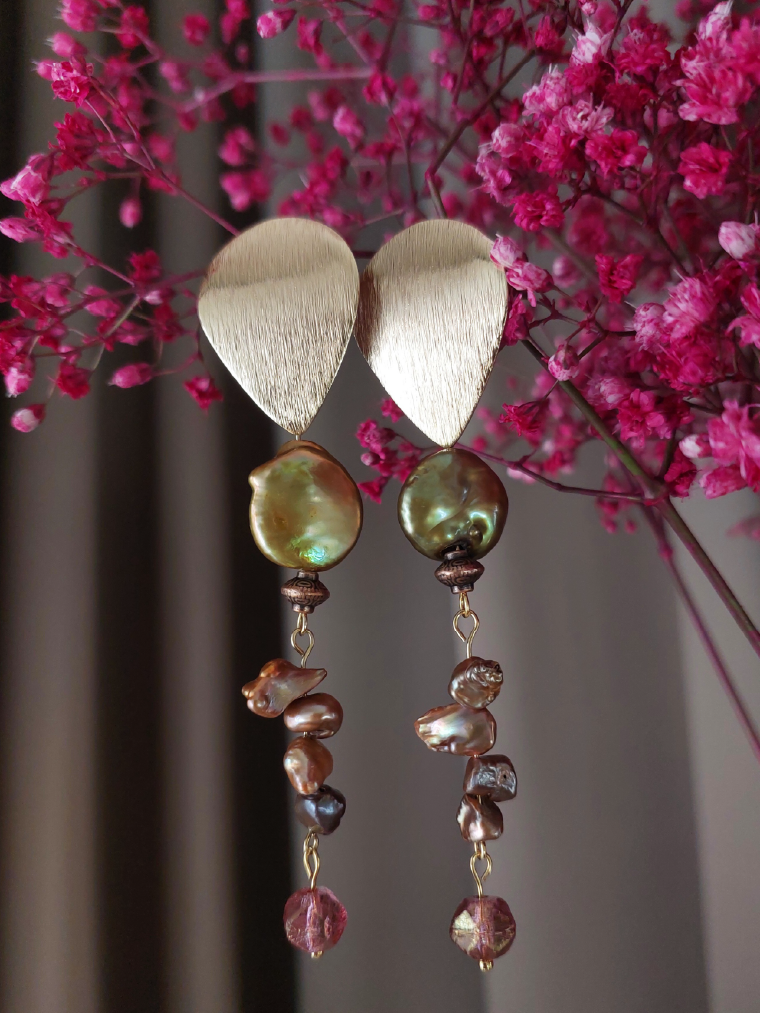 Olive Green Freshwater Baroque & Keshi Pearl Statement Earrings