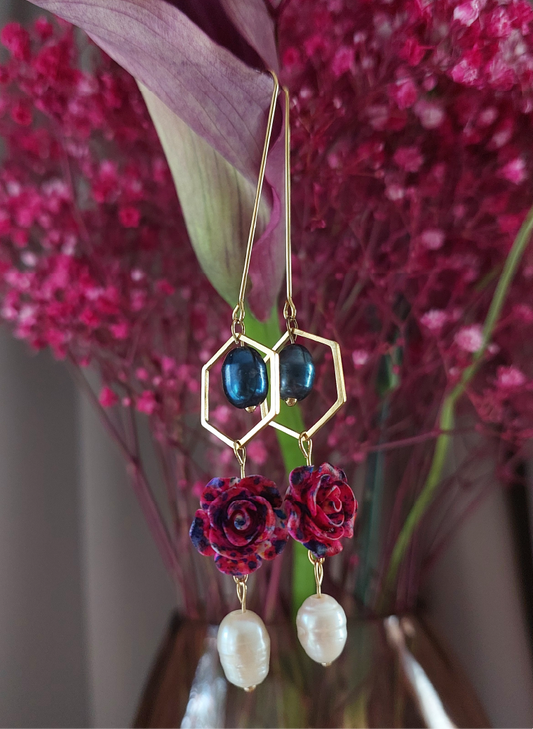 Pearl Hexagon Sway Earrings - Pink & Blue