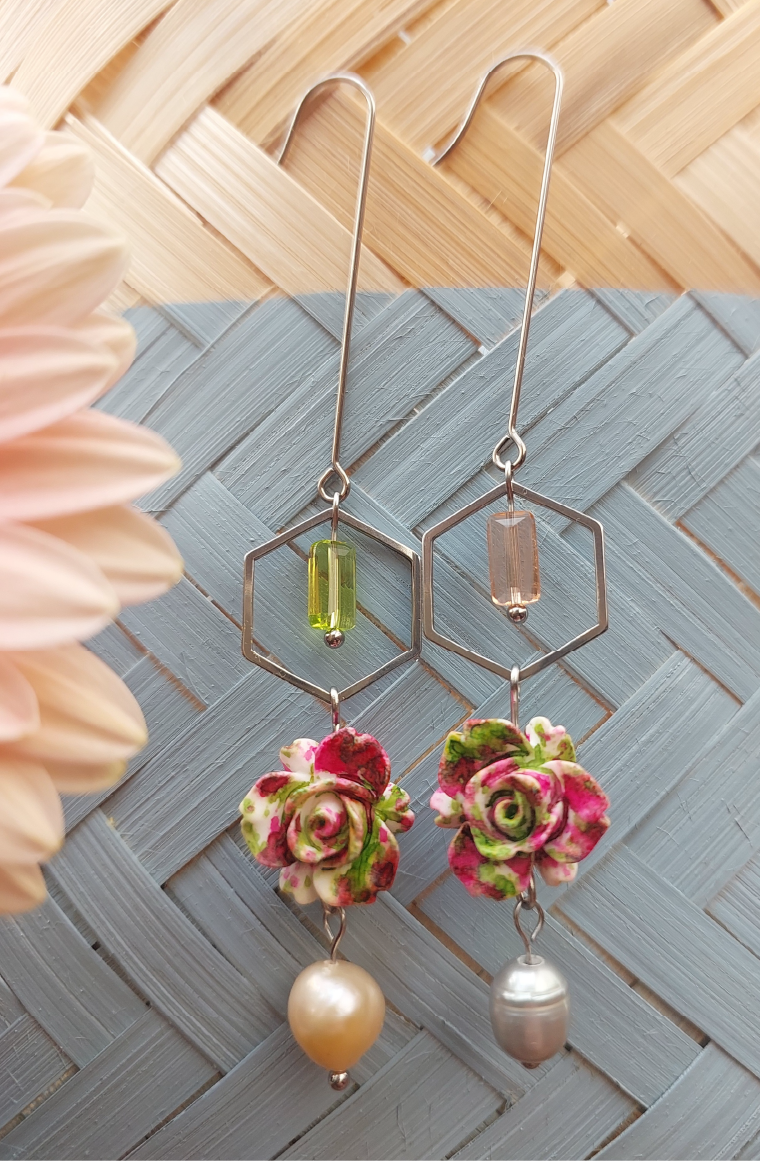 Pearl Hexagon Sway Earrings - Pink & Green