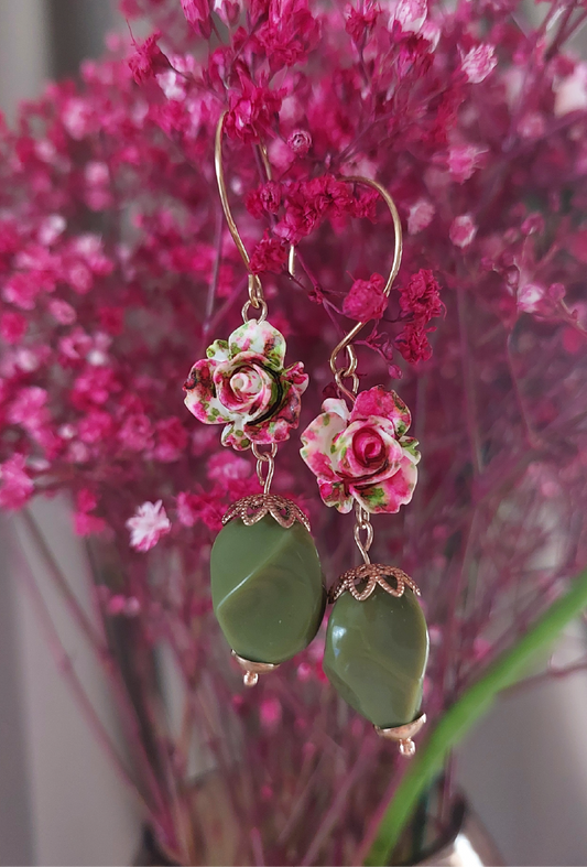 Pink & Green Rosebud Dangle Earrings - Rose Gold