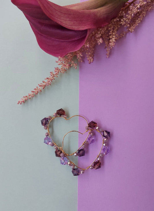 Purple Ombre Crystal Wire Wrapped Heart Hoops