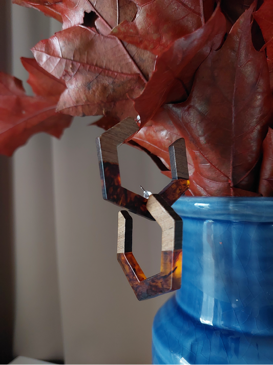 Resin & Walnut Wood Hexagon Half Hoops - Brown