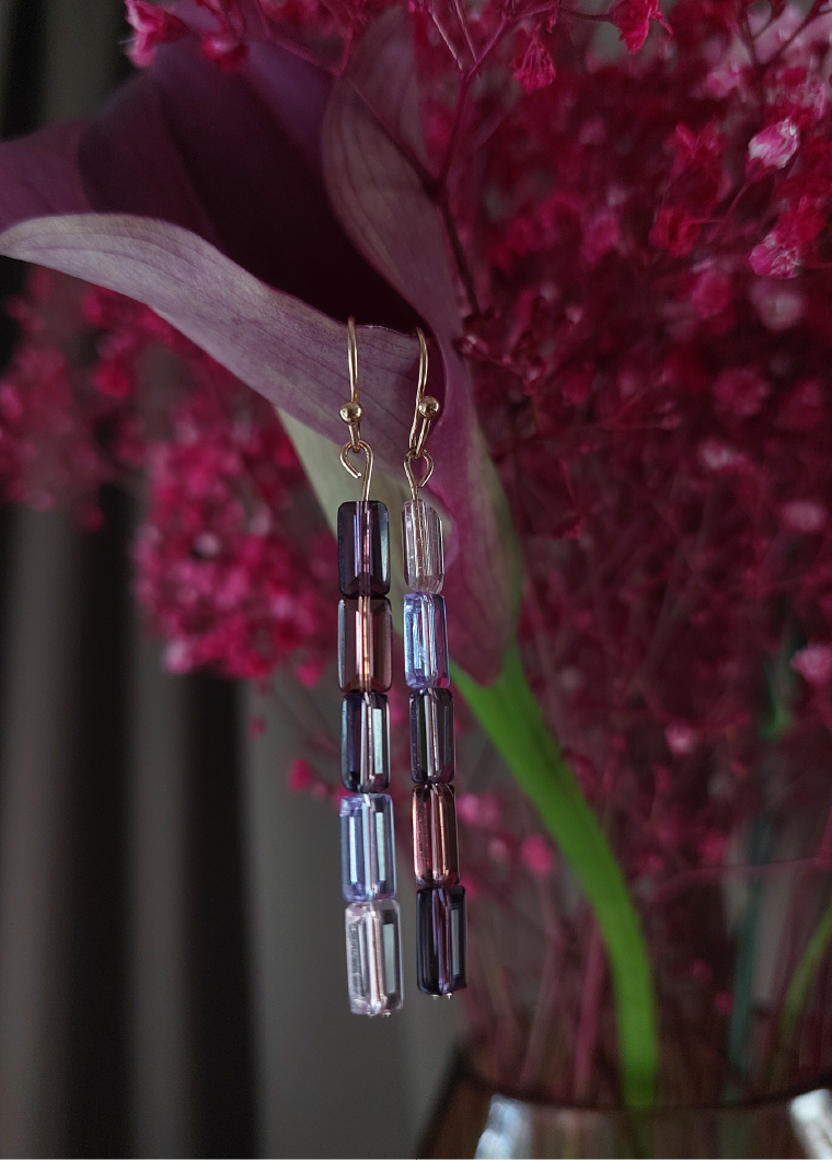 Rose Gold Asymmetrical Purple Ombre Crystal Drop Earrings