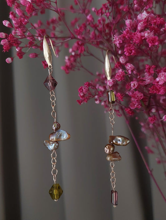 Rose Gold Freshwater Keshi Pearl & Crystal Dangle Earrings