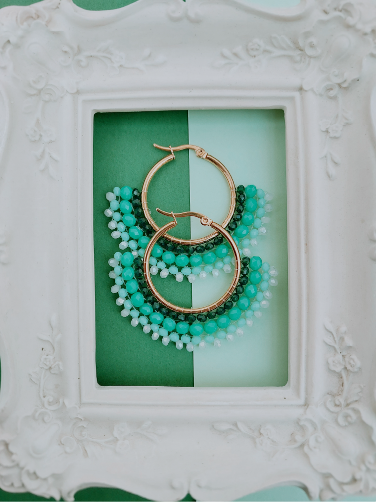 Sea Green Beaded Fan Hoops