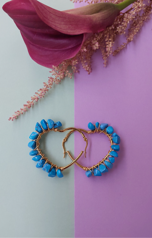 Synthetic Turquoise Wire Wrapped Heart Hoops