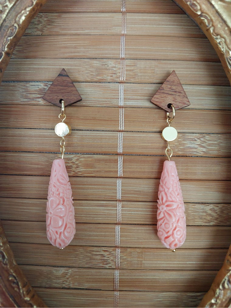 Walnut Wood Coral Dangle Earrings